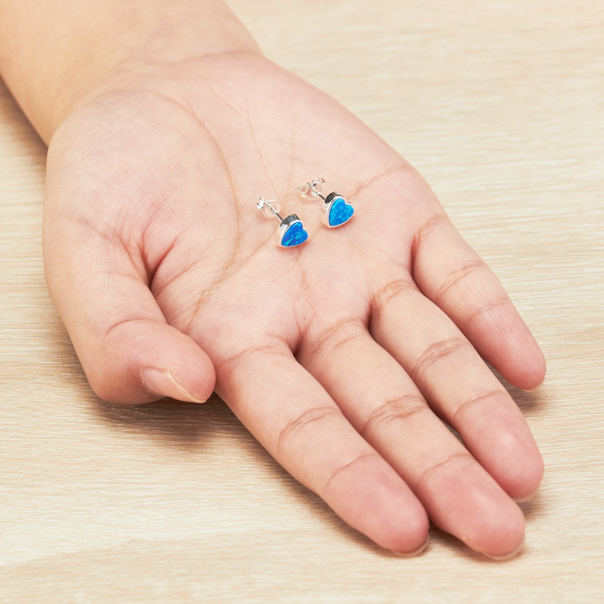 Synthetic Blue Opal Heart Stud Earrings