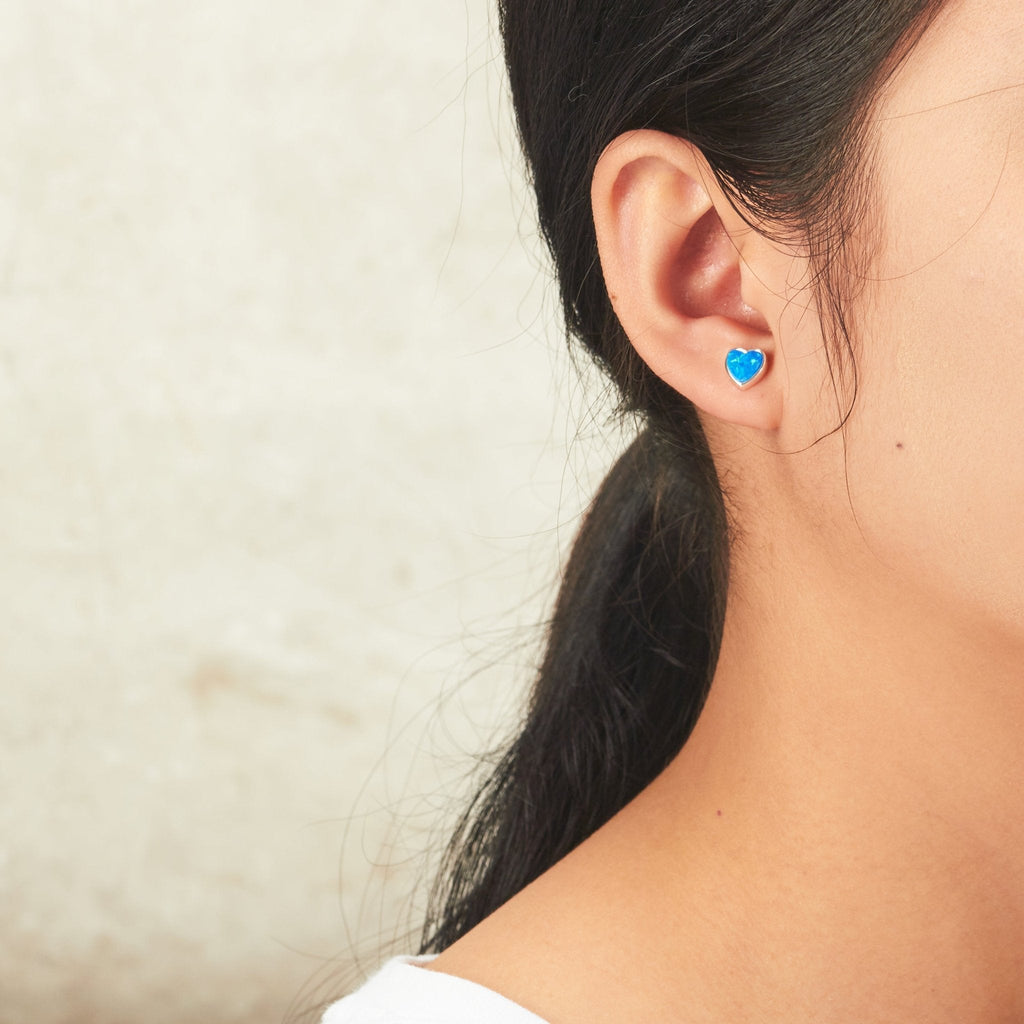 Synthetic Blue Opal Heart Stud Earrings with Quote Card