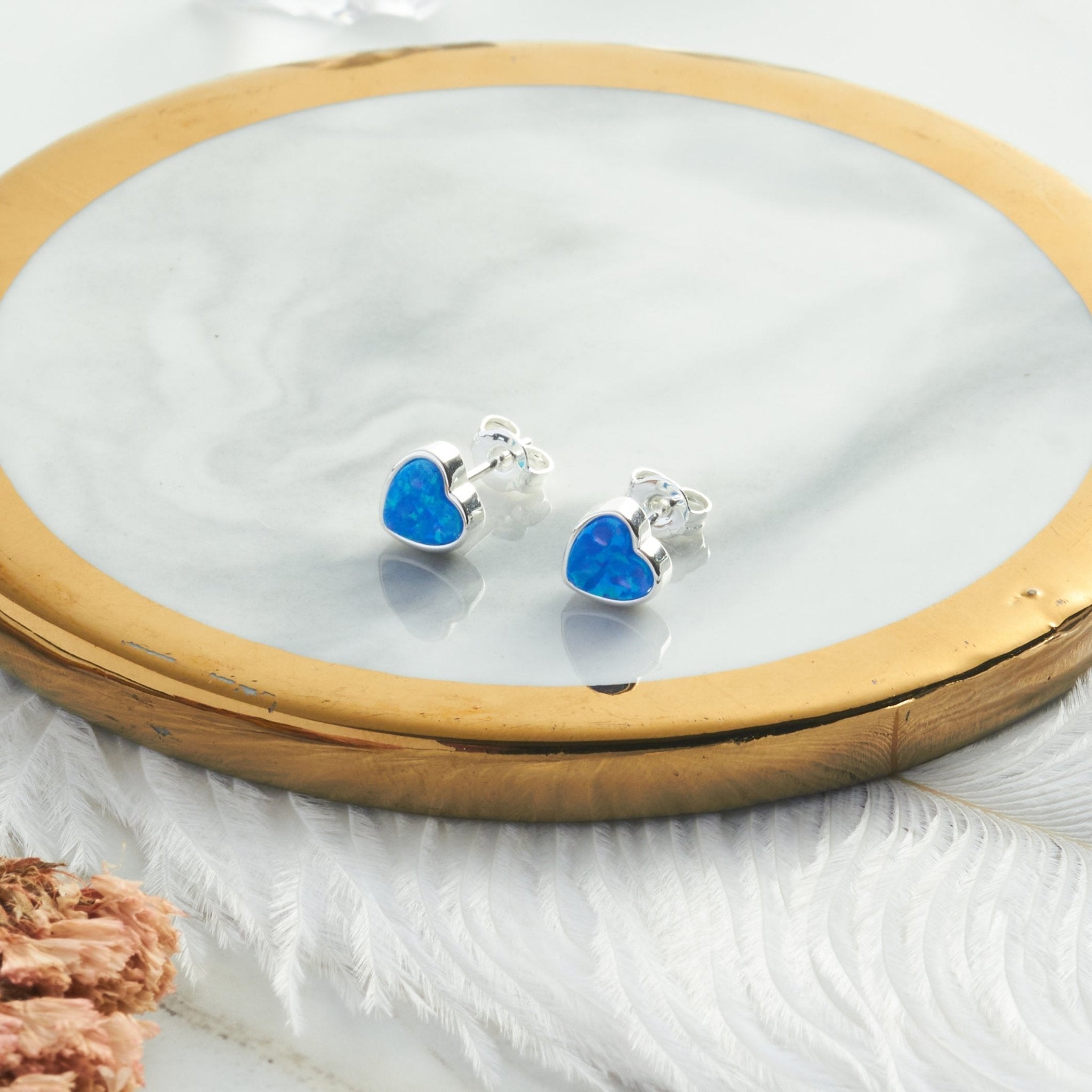 Synthetic Blue Opal Heart Stud Earrings with Quote Card