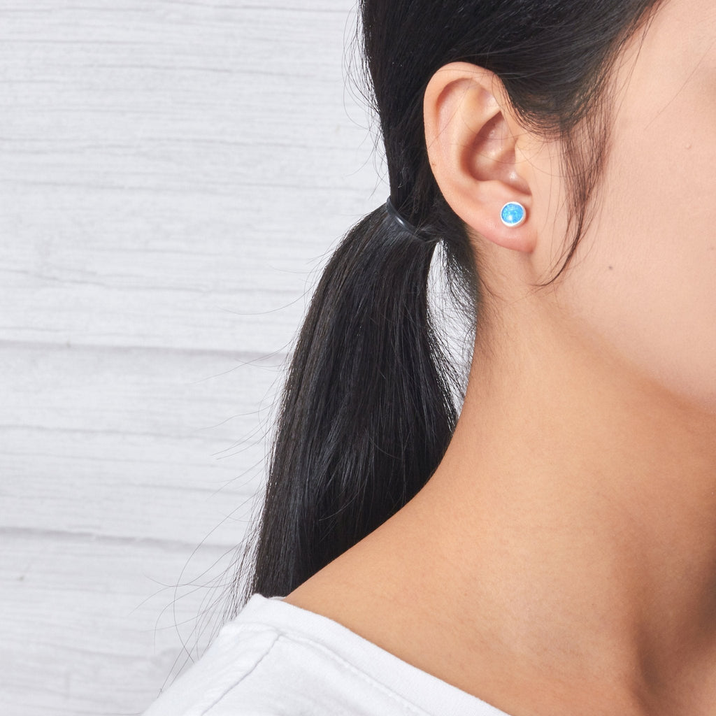 Synthetic Blue Opal Stud Earrings