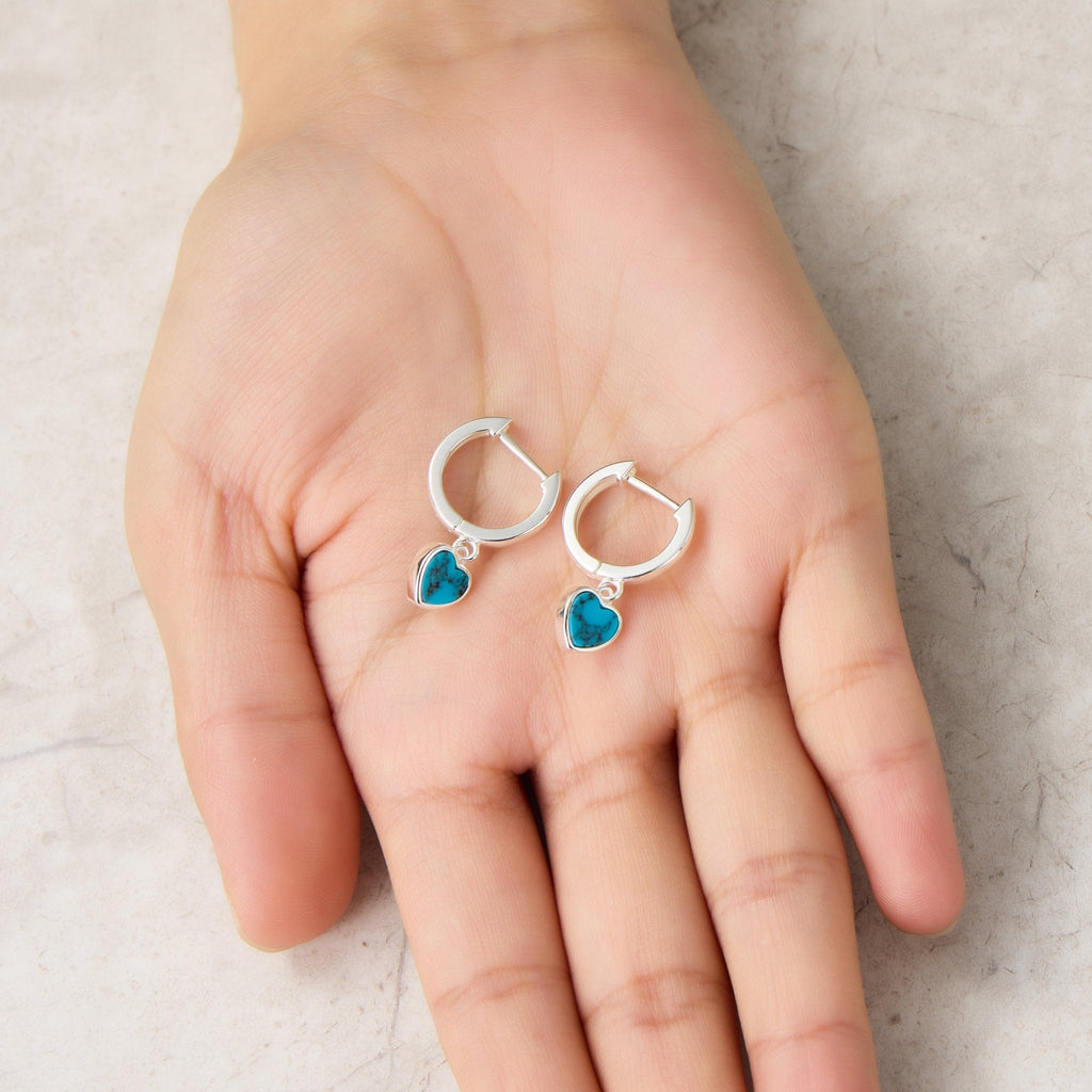Synthetic Turquoise Gemstone Heart Charm Hoop Earrings with Quote Card
