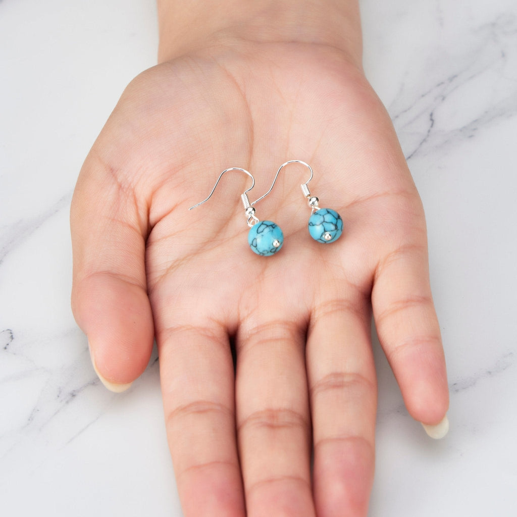 Synthetic Turquoise Gemstone Round Drop Earrings with Quote Card