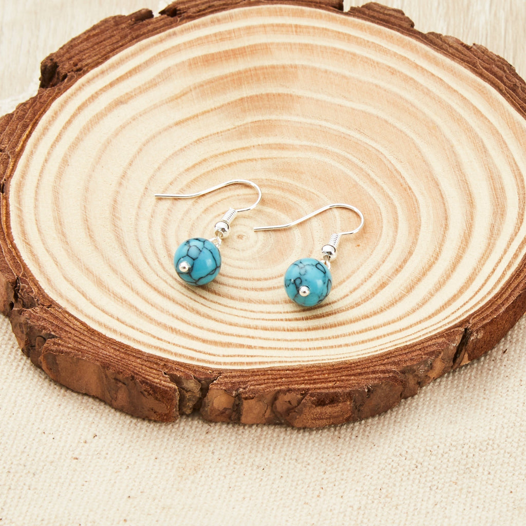 Synthetic Turquoise Gemstone Round Drop Earrings with Quote Card