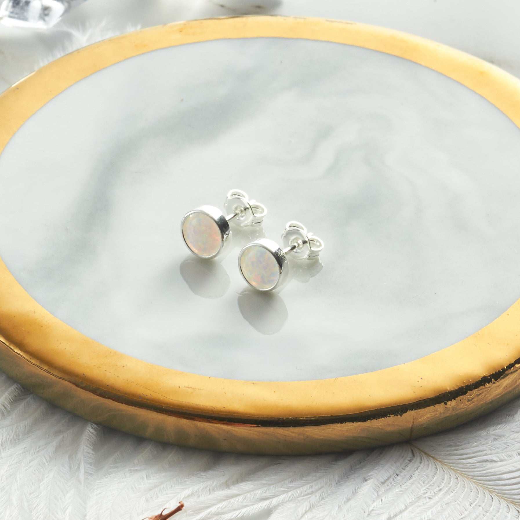 Synthetic White Opal Stud Earrings with Quote Card