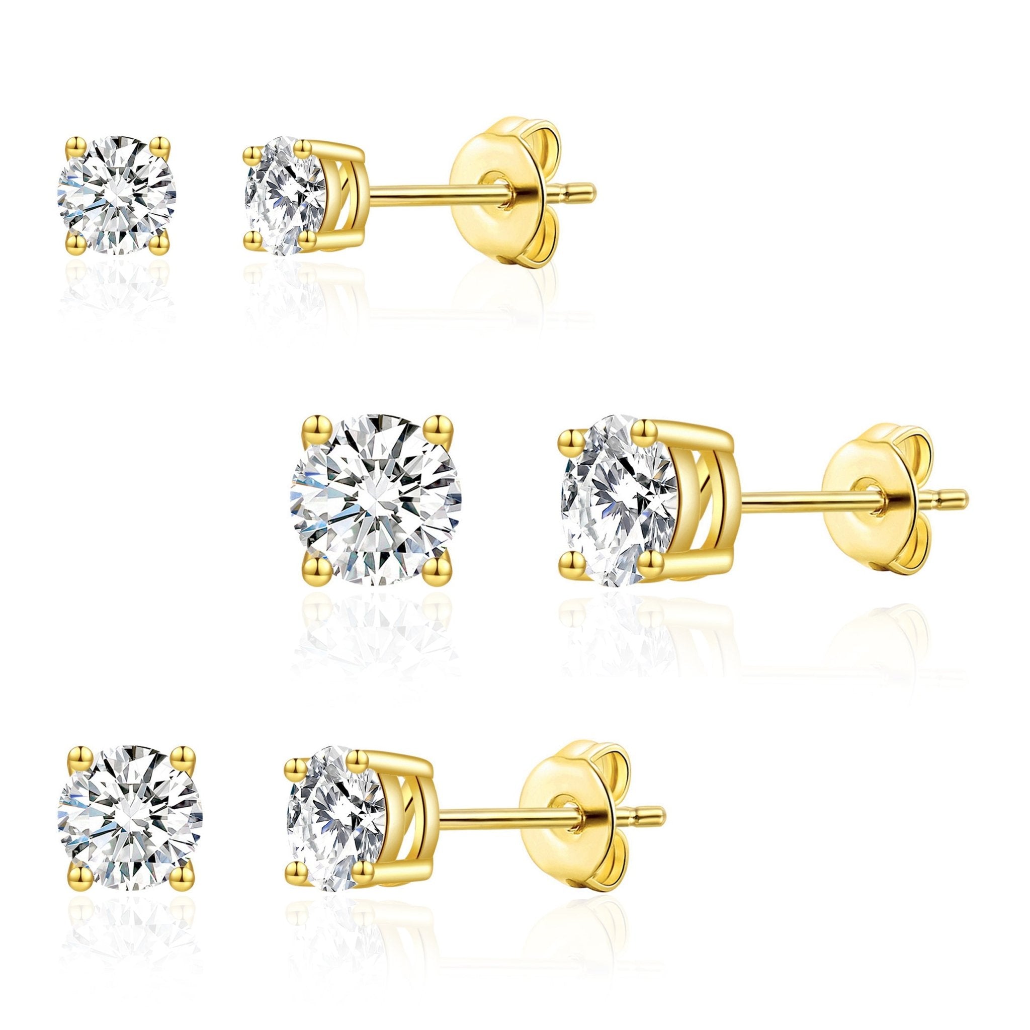Three Pack of 18k Gold Plated 4mm, 5mm & 6mm Earrings Created with Zircondia® Crystals