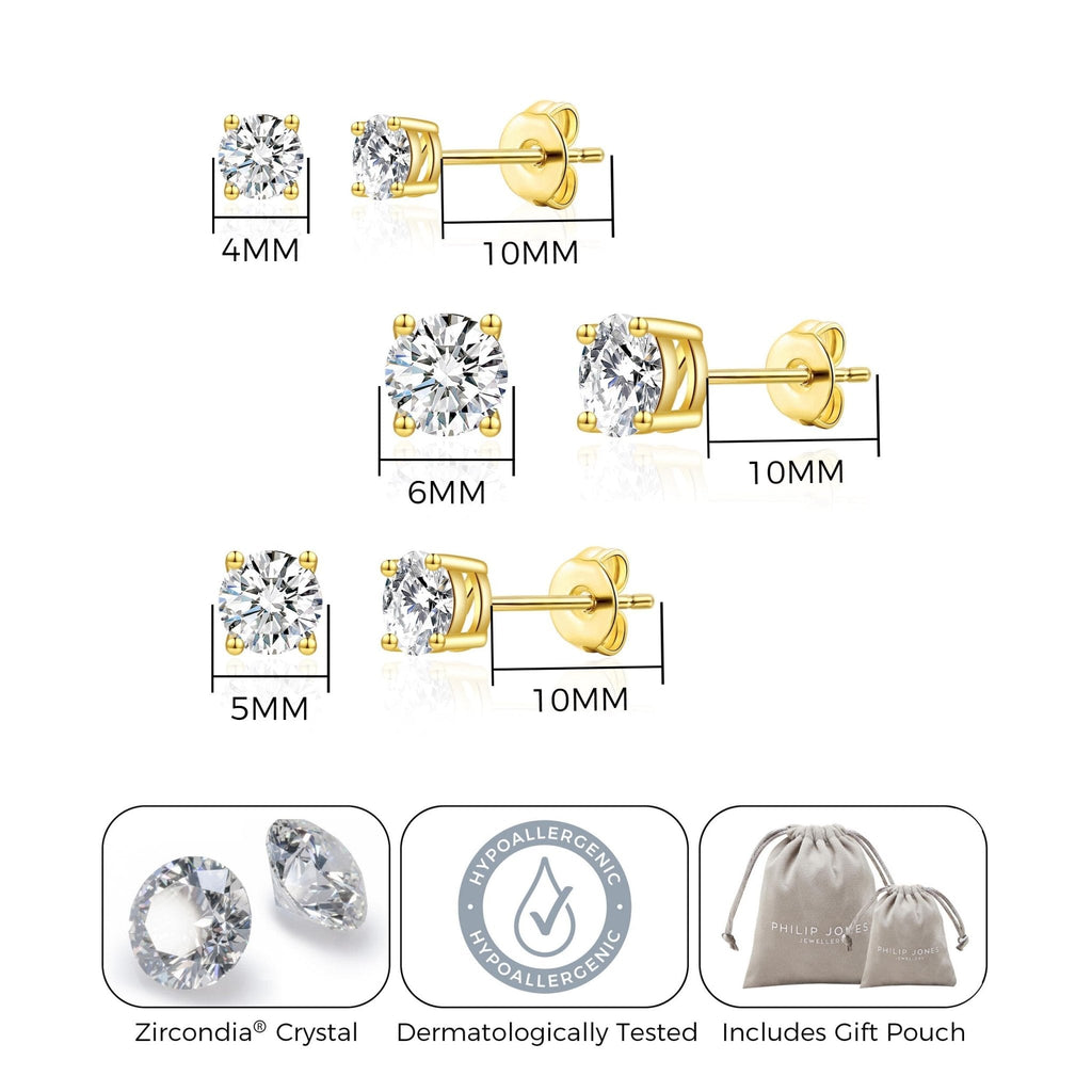 Three Pack of 18k Gold Plated 4mm, 5mm & 6mm Earrings Created with Zircondia® Crystals