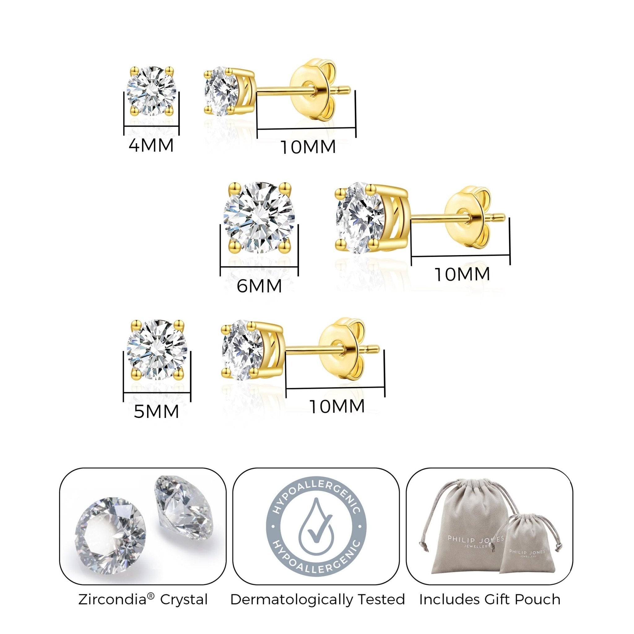Three Pack of 18k Gold Plated 4mm, 5mm & 6mm Earrings Created with Zircondia® Crystals