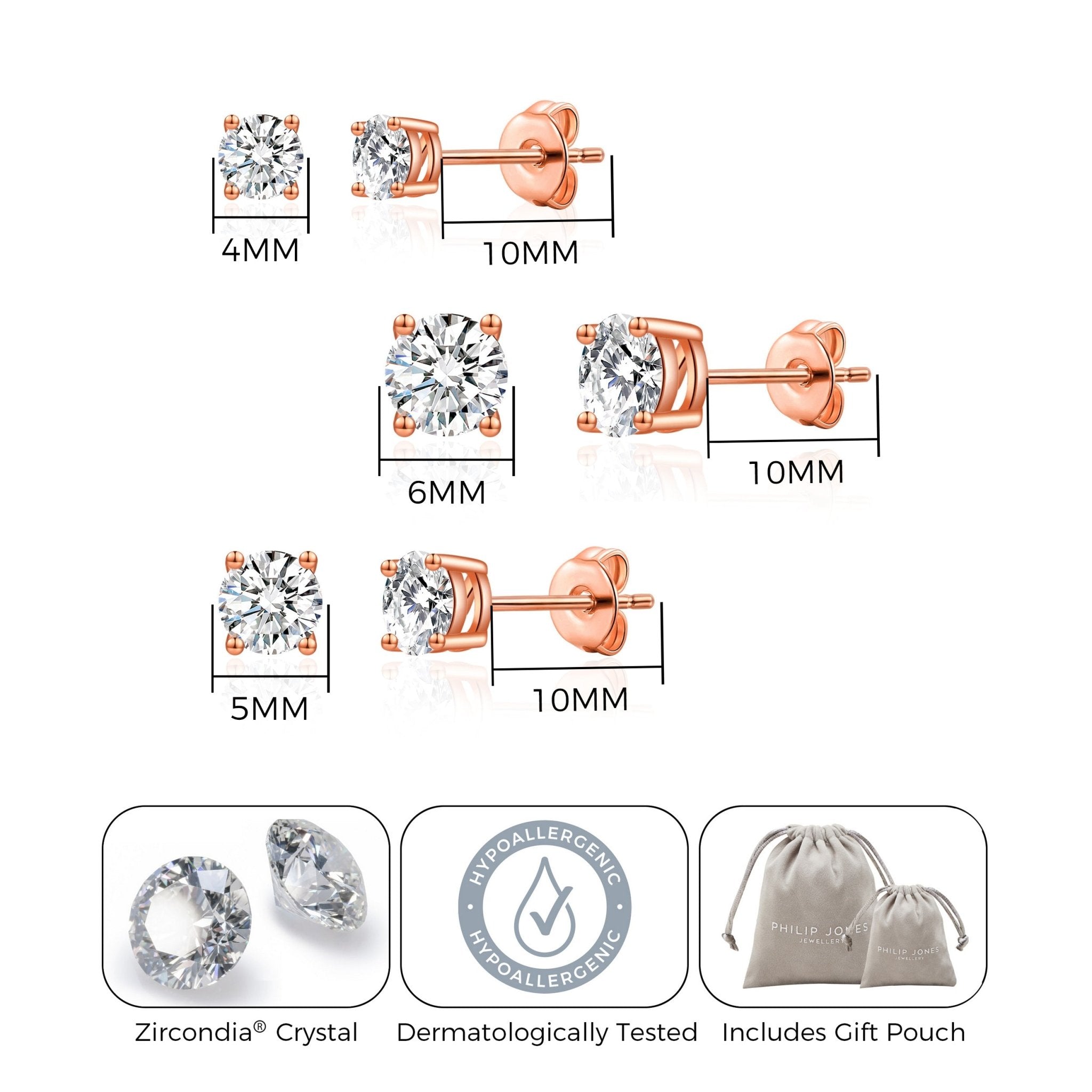 Three Pack of Rose Gold Plated 4mm, 5mm & 6mm Earrings Created with Zircondia® Crystals