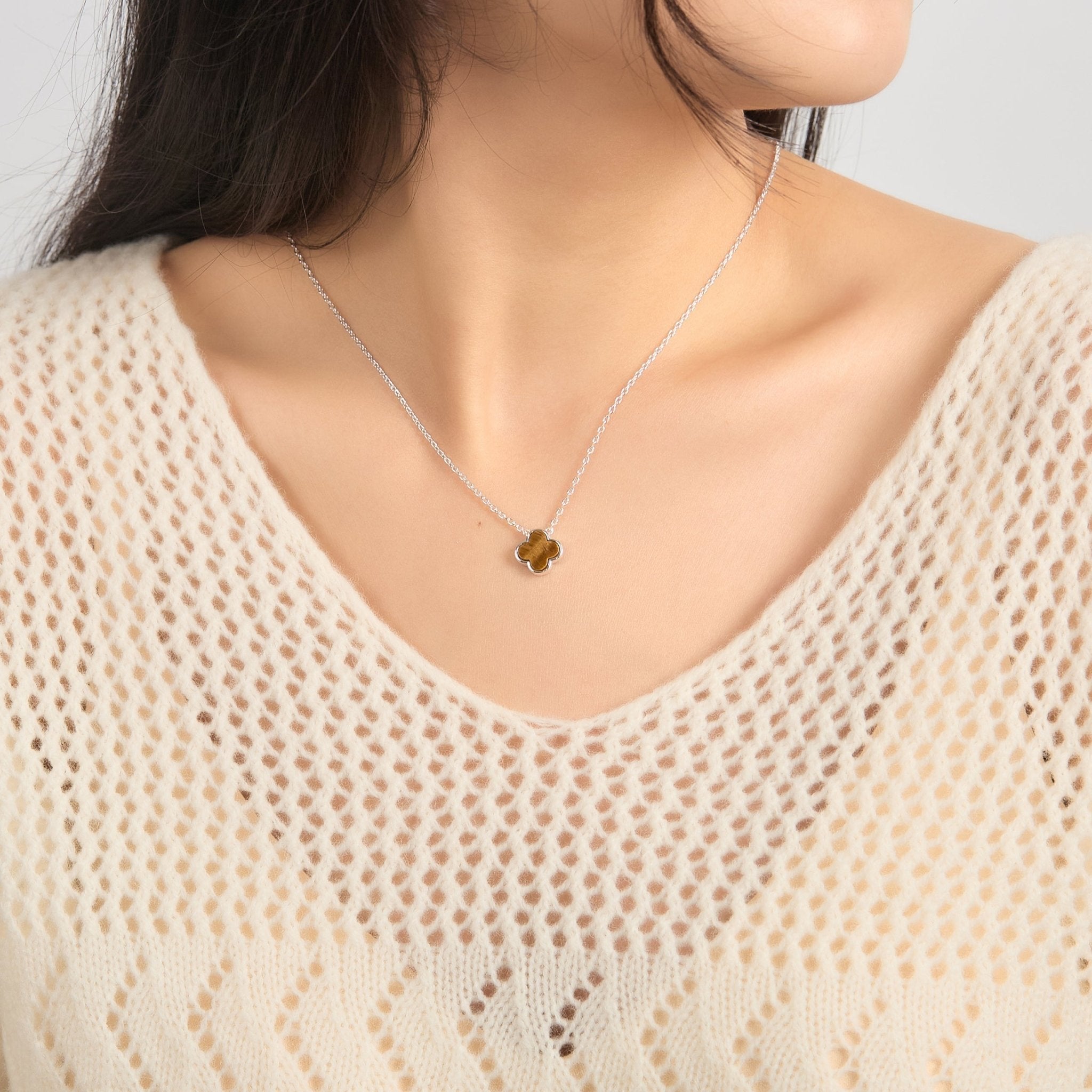 Tigers Eye Gemstone Clover Necklace