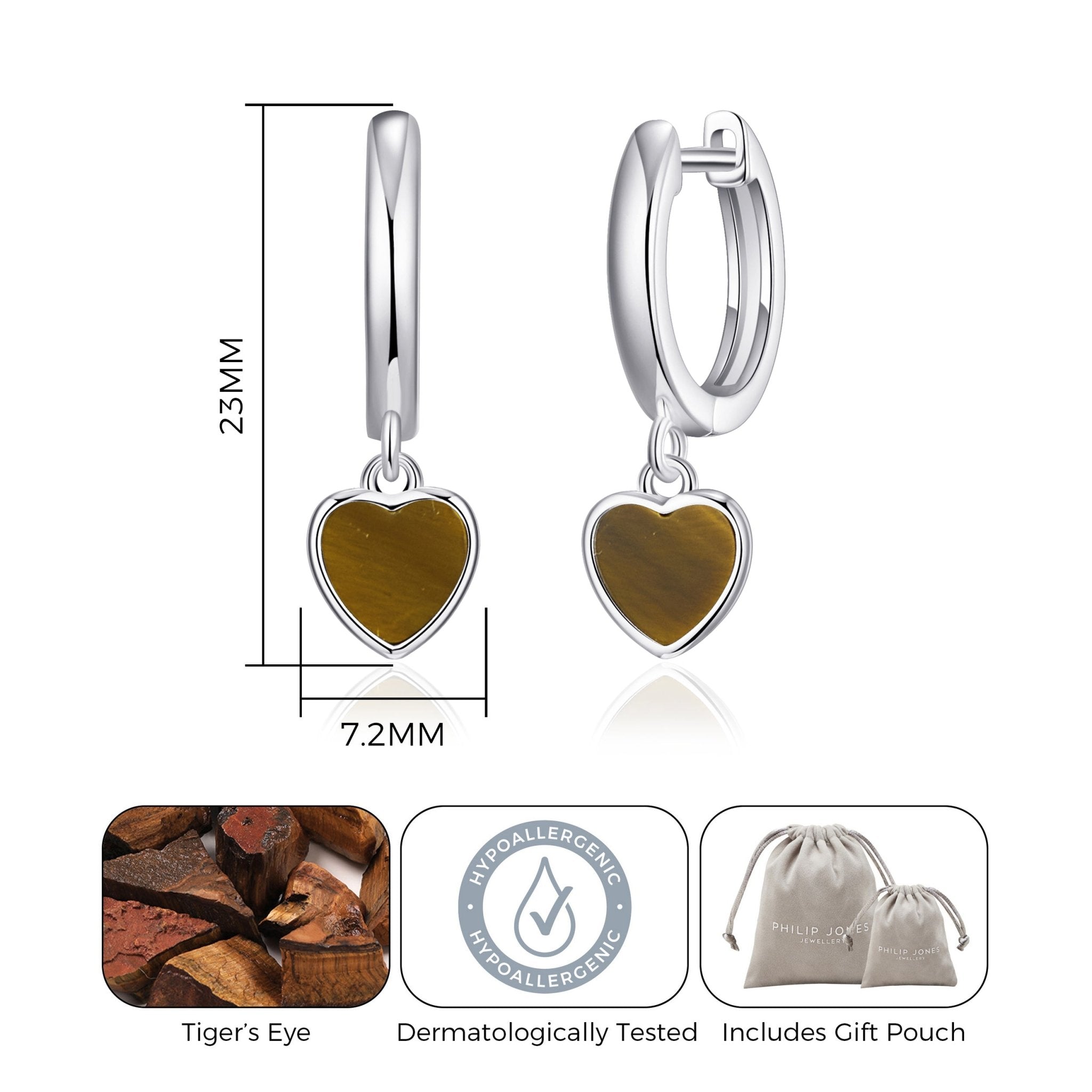 Tigers Eye Gemstone Heart Charm Hoop Earrings with Quote Card