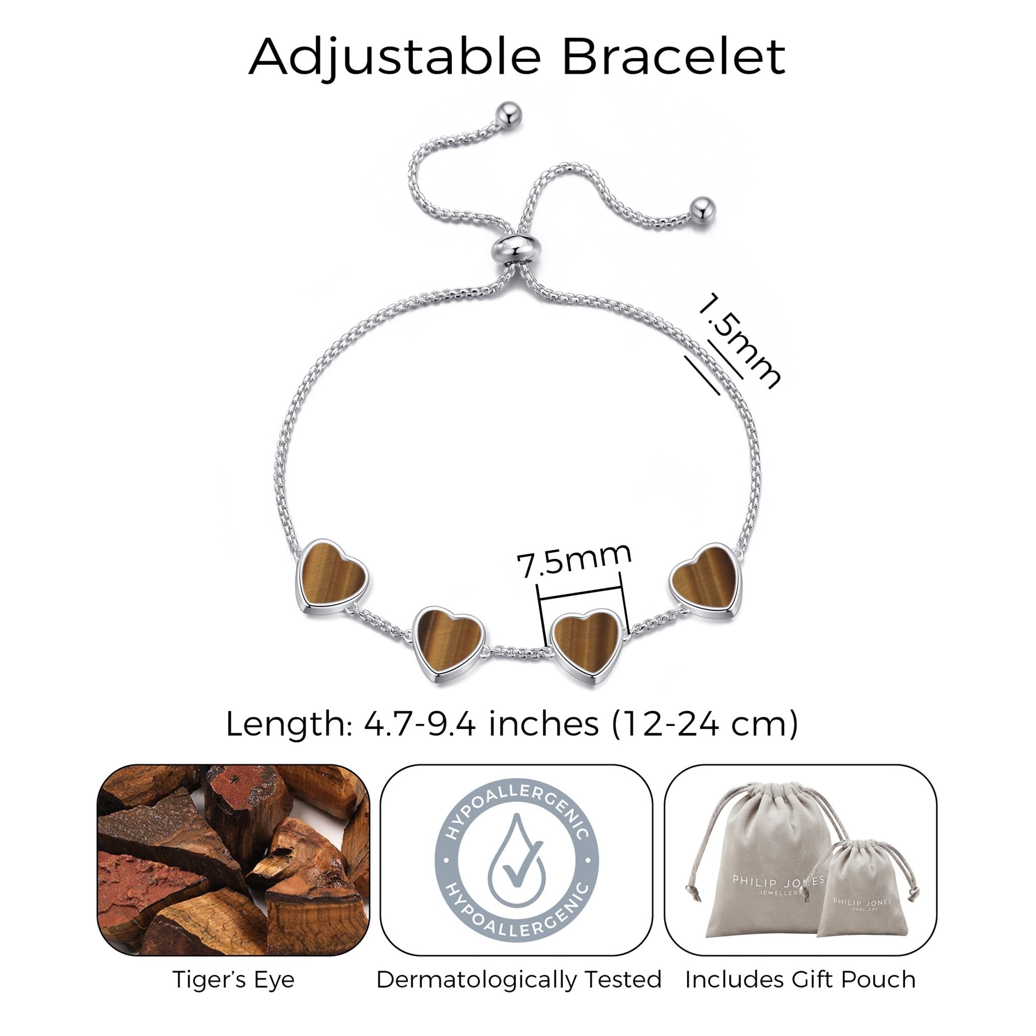 Tigers Eye Gemstone Multi Heart Friendship Slider Bracelet