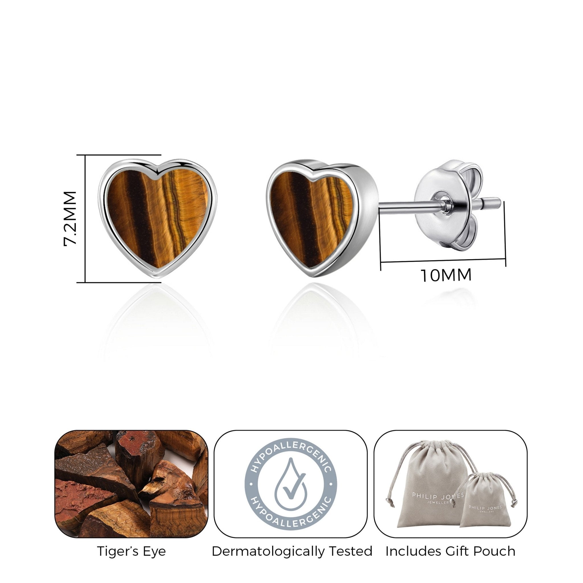Tiger's Eye Heart Stud Earrings