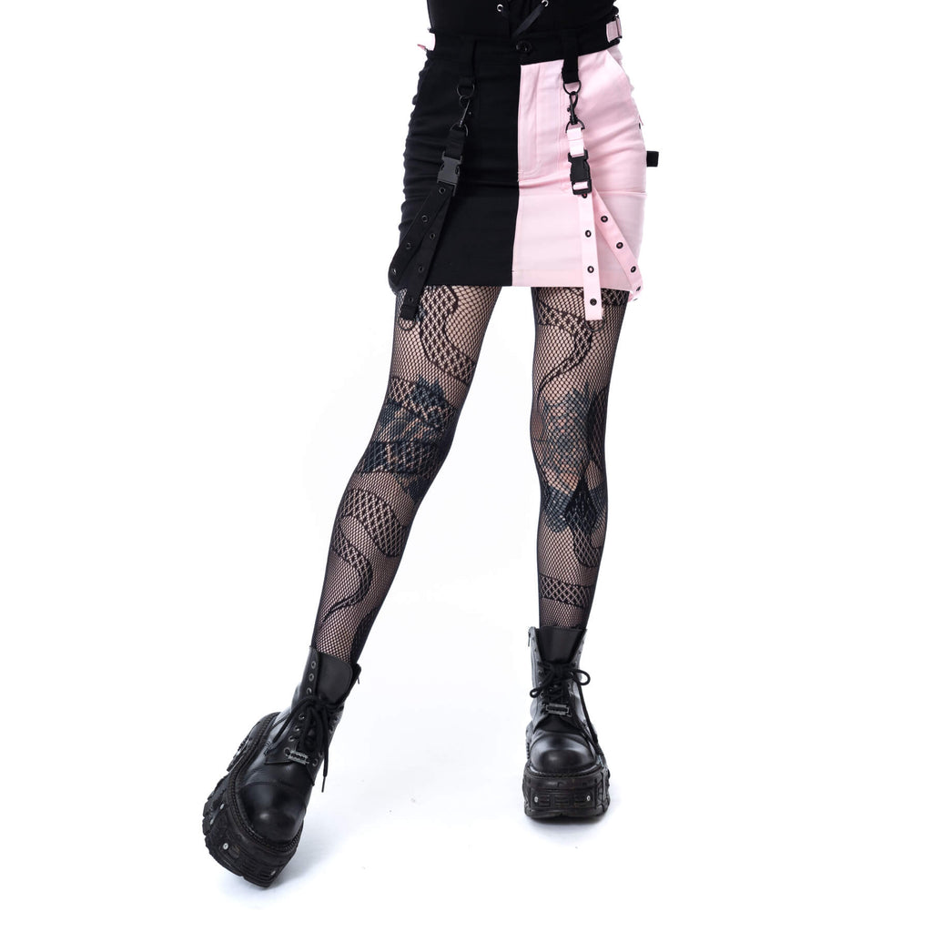 Gothic Mini Skirt Black Pink Strap Detail Chemical Black