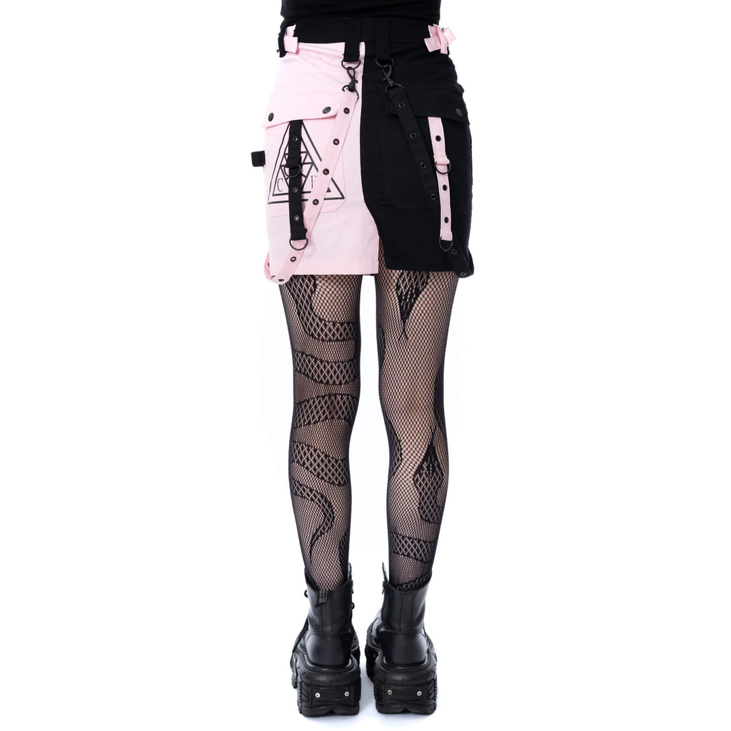 Gothic Mini Skirt Black Pink Strap Detail Chemical Black